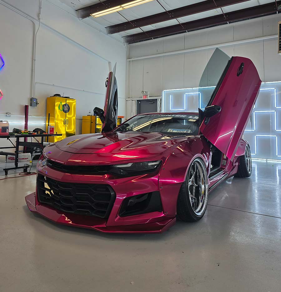 camaro purple wrapped camaro with lambo doors